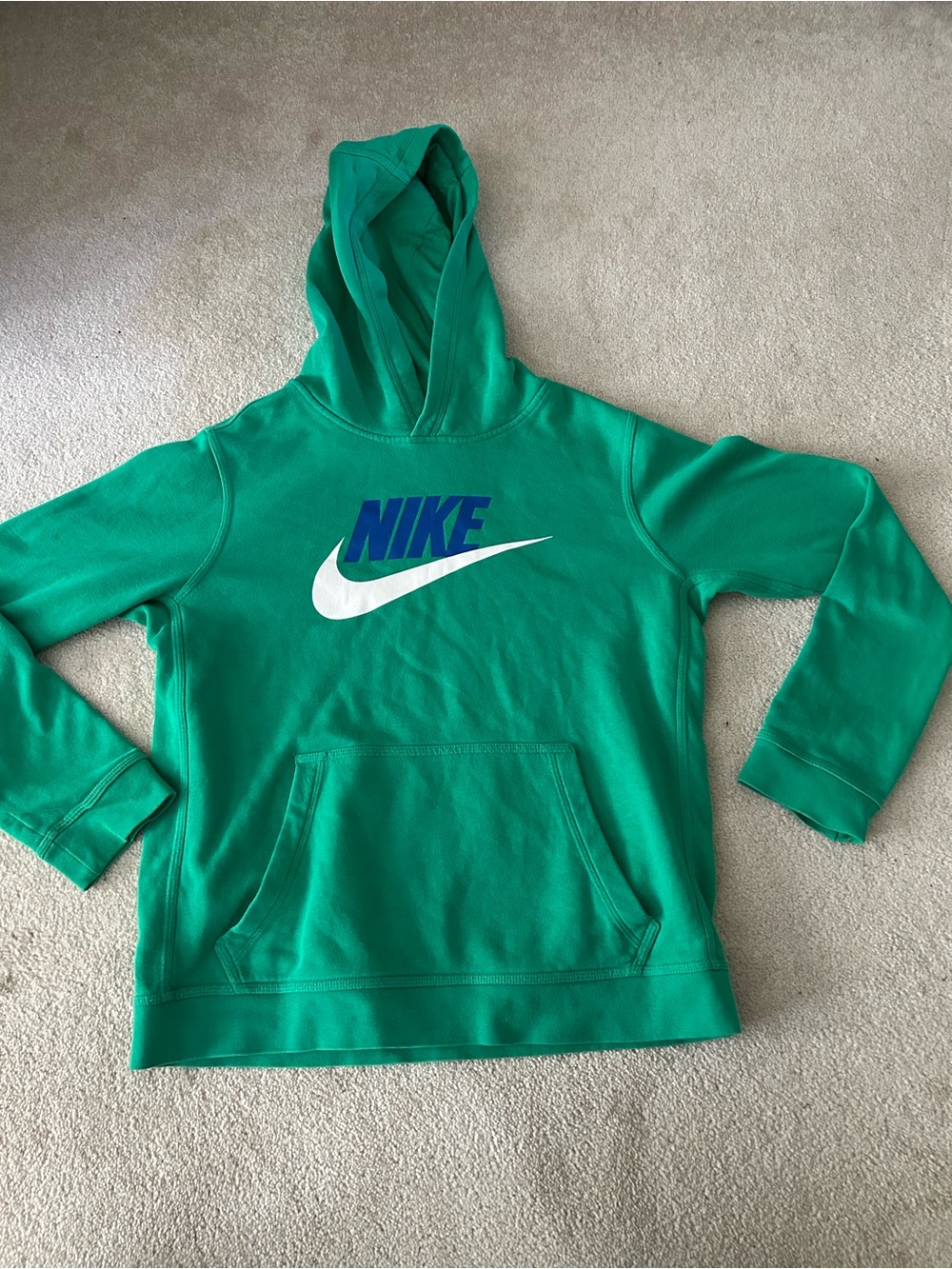 Nike Green Hoodie with Blue Logo and White Swoosh